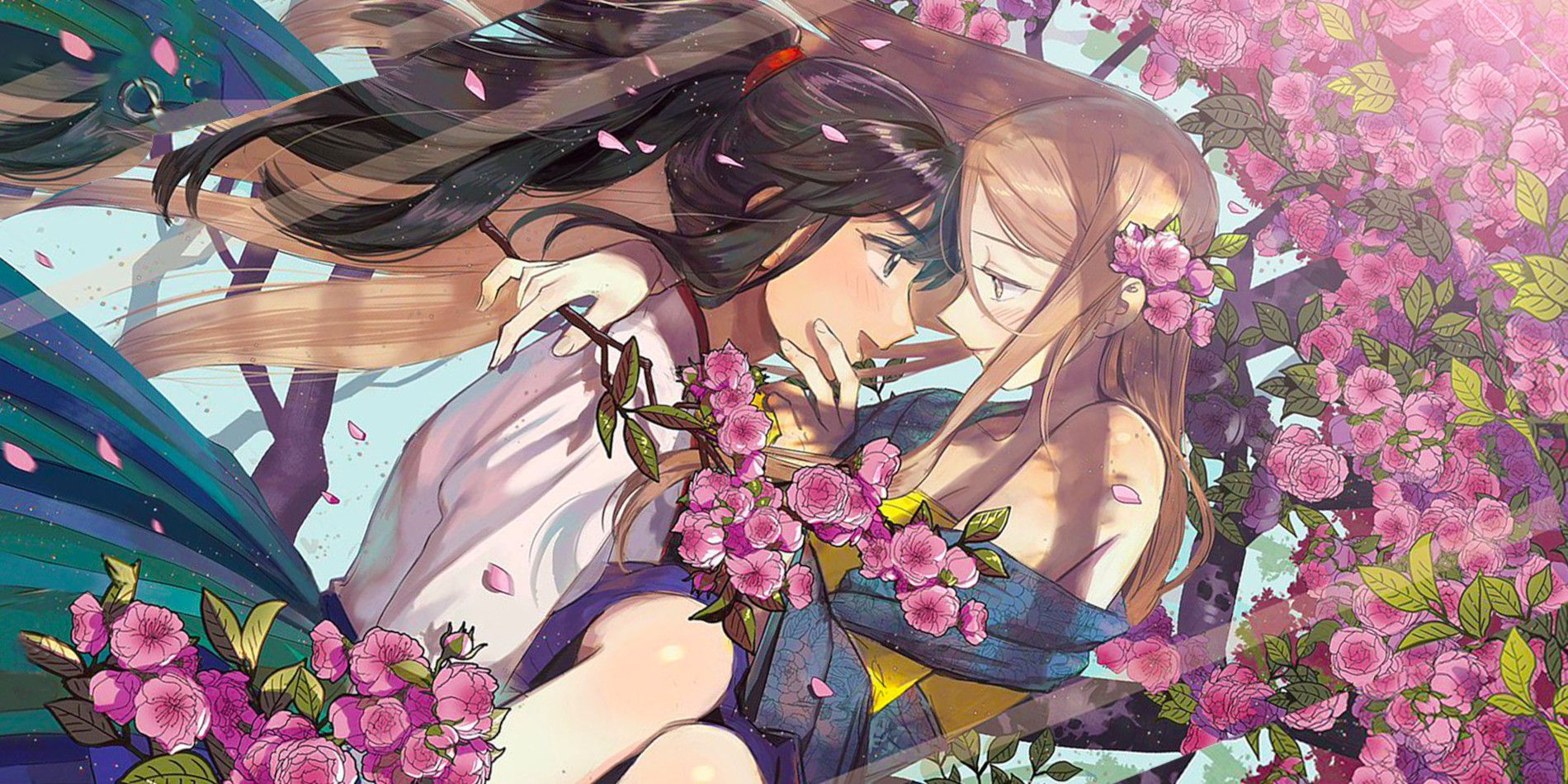 Shim Chong and the wife of Chancellor Jang embrace and are about to kiss among flowers in the manwha