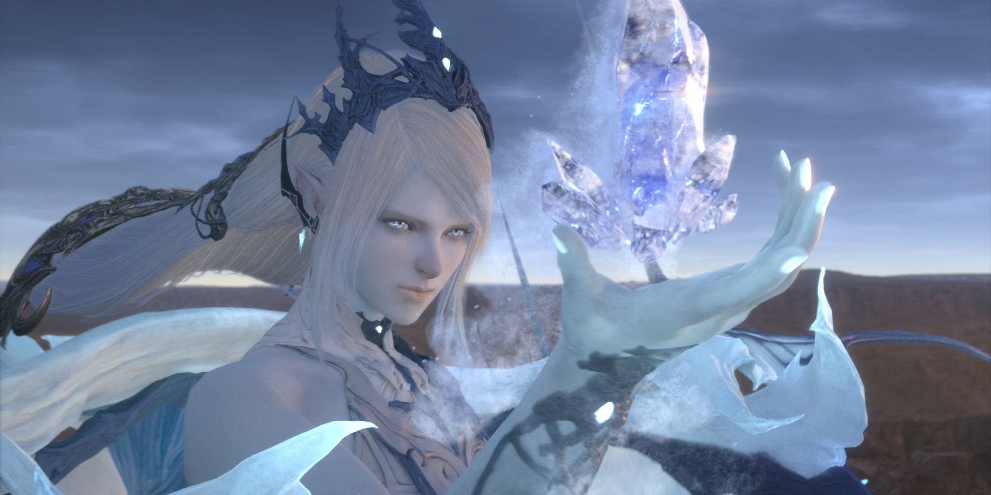 Shiva prepara un ataque manifestando hielo de su palma en Final Fantasy XVI