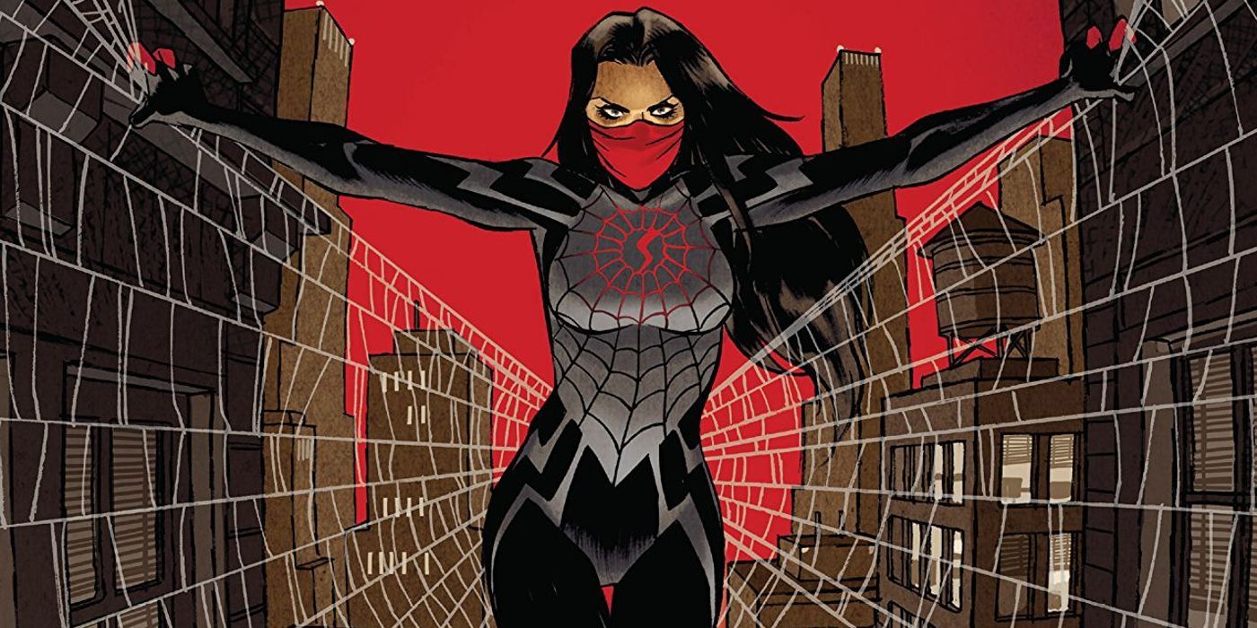 Silk hangs on a web between buildings in Silk Vol 0 in Marvel Comics