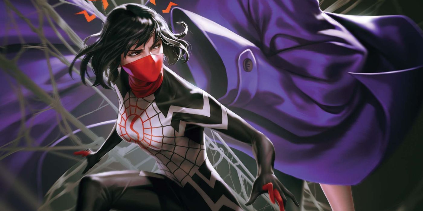Silk se agacha com uma máscara vermelha na capa do Silk Vol 3 #1