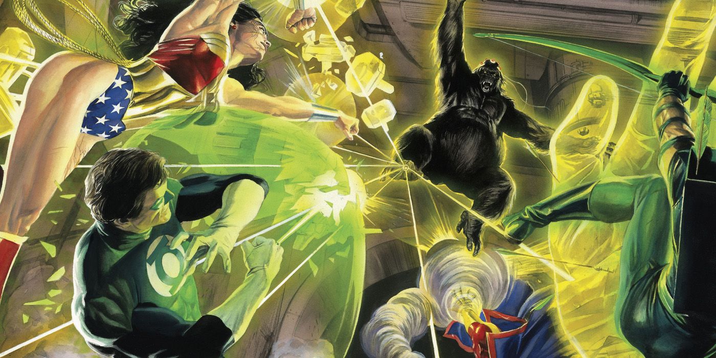 Grodd usa un anillo de poder amarillo para luchar contra la Liga de la Justicia en DC Comics.