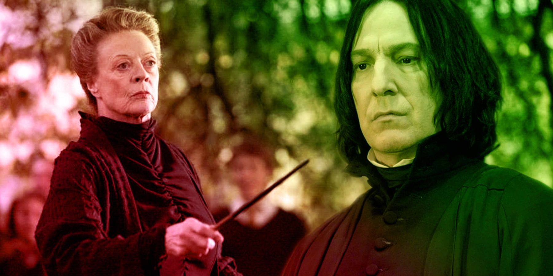 Minerva McGonagall with her wand out next to Severus Snape  