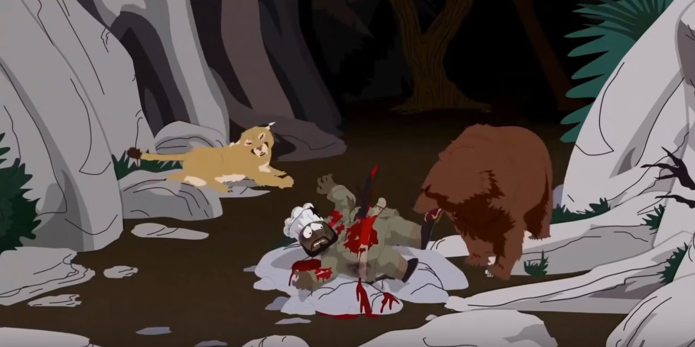 Chef being killed by a bear and jaguar on South Park