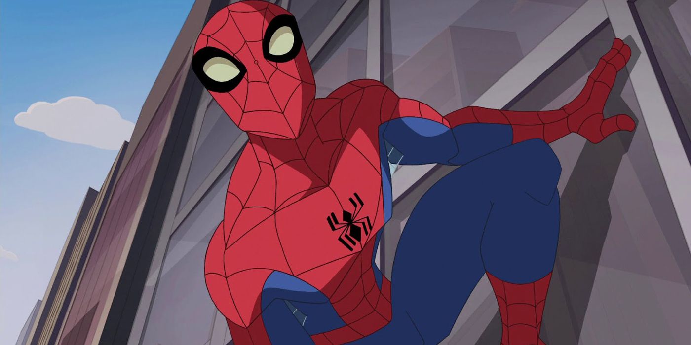 Peter Parker (Josh Keaton) clings to a building in the Spectacular Spider-Man cartoon.