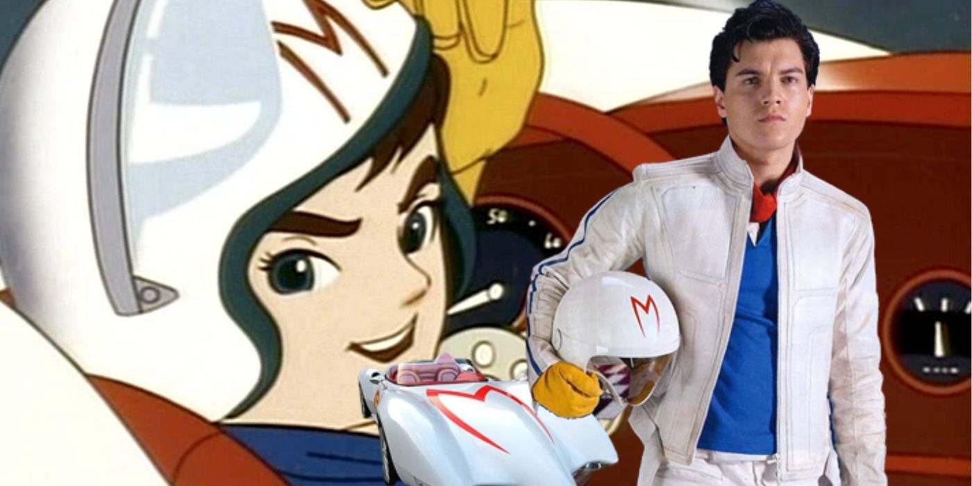 Emile Hirsch's live-action Speed Racer in front of the original anime version.