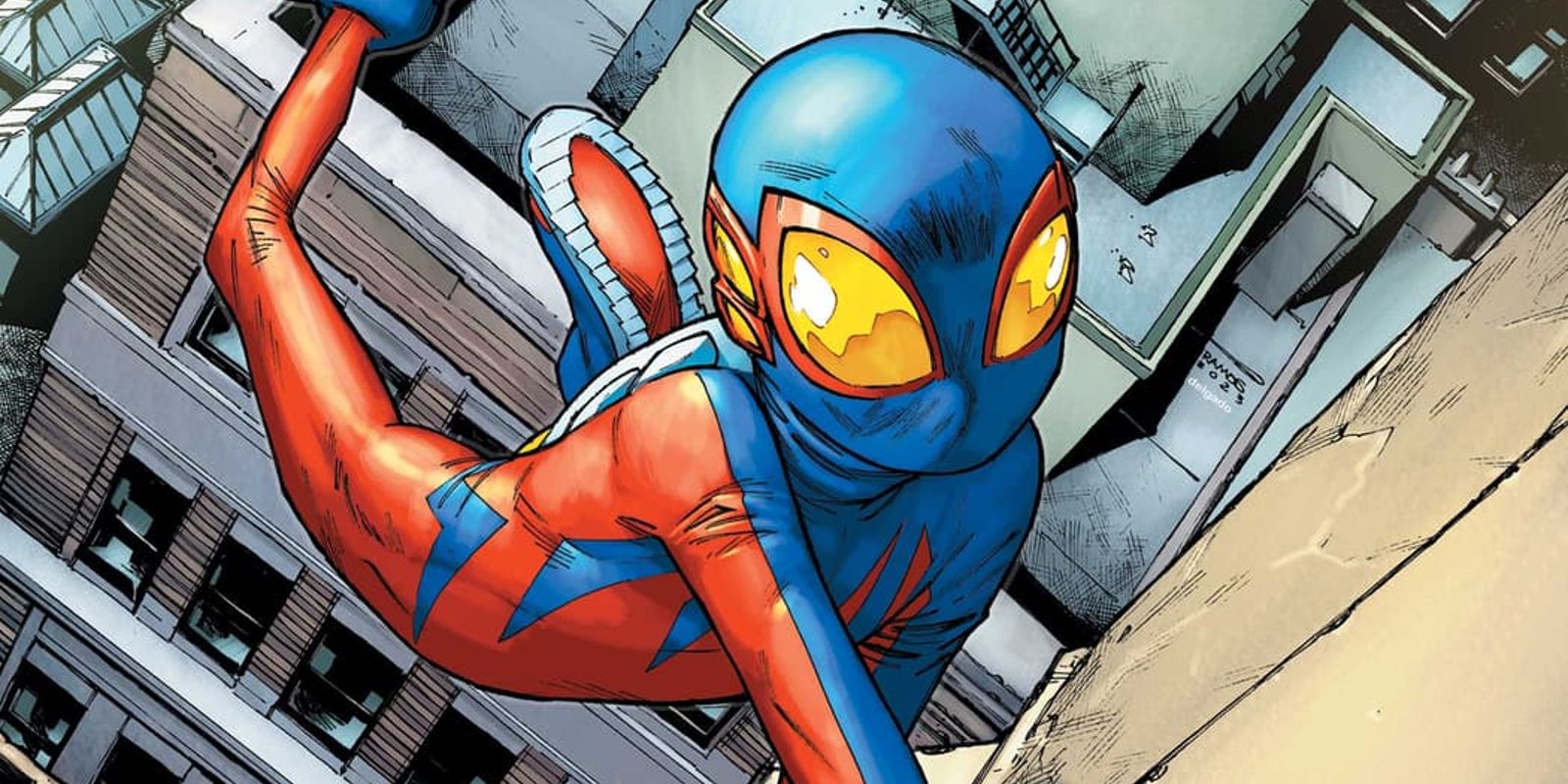 Bailey Briggs, aka Spider-Boy, swinging through New York City in Marvel Comics