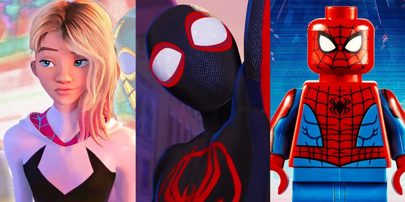 Split Image: Spider-Gwen, Miles Morales, and Lego Spider-man in Across the Spider-Verse.