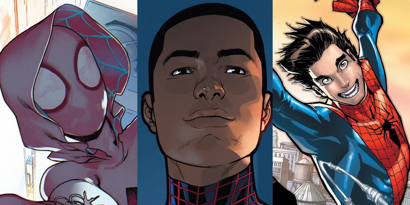 Split Image: Spider-Gwen, Miles Morales, and Peter Parker Spider-Man in Marvel Comics