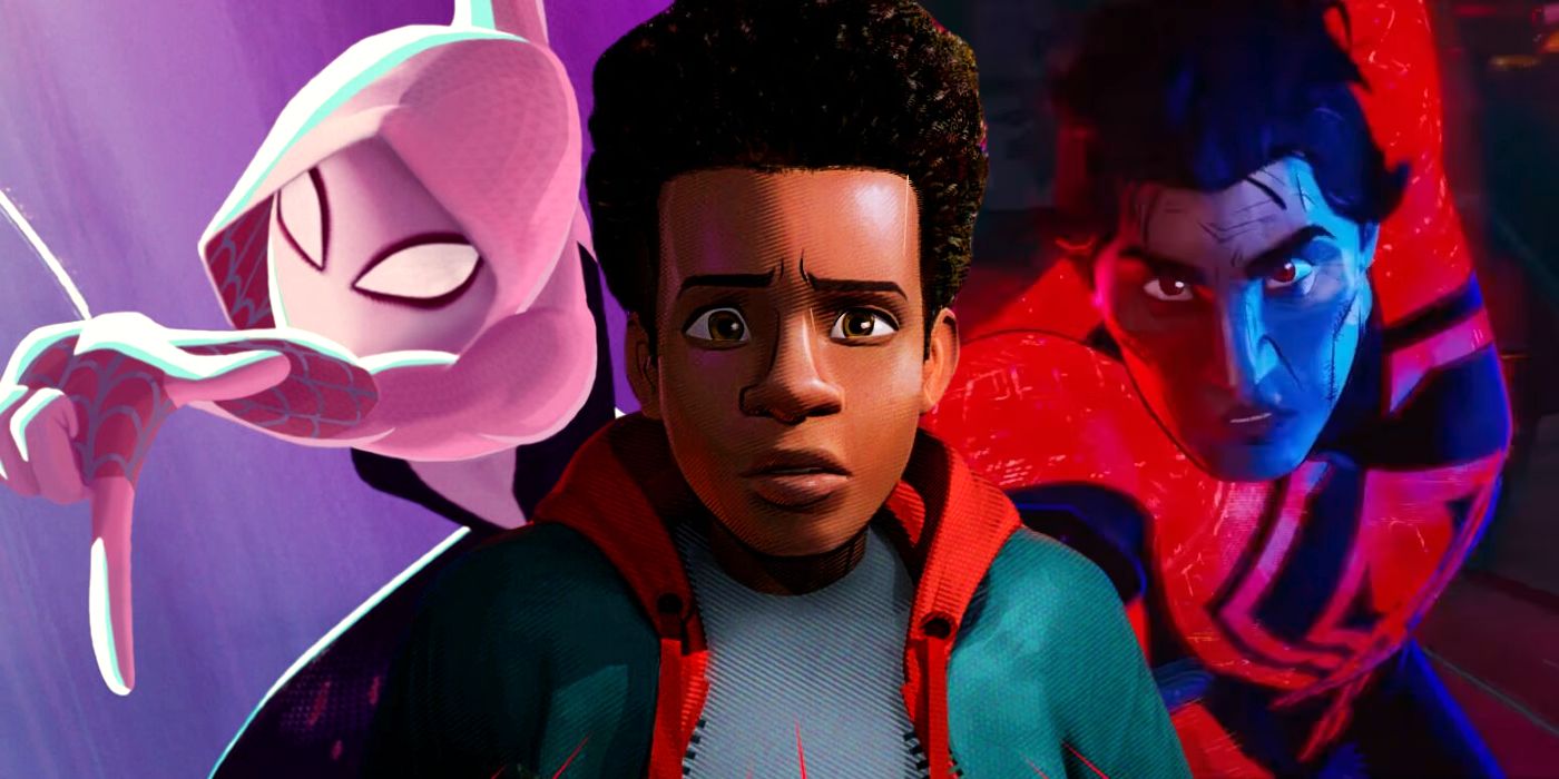 A split image of Spider-Gwen, Miles Morales, and Spider-Man 2099 in Spider-Man: Across the Spider-Verse