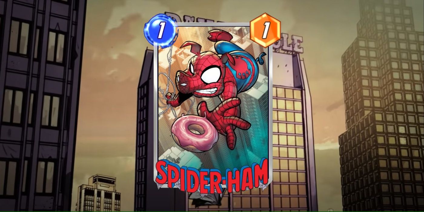 Cartão Marvel Snap do Spider-Ham contra a arte promocional do Daily Bugle