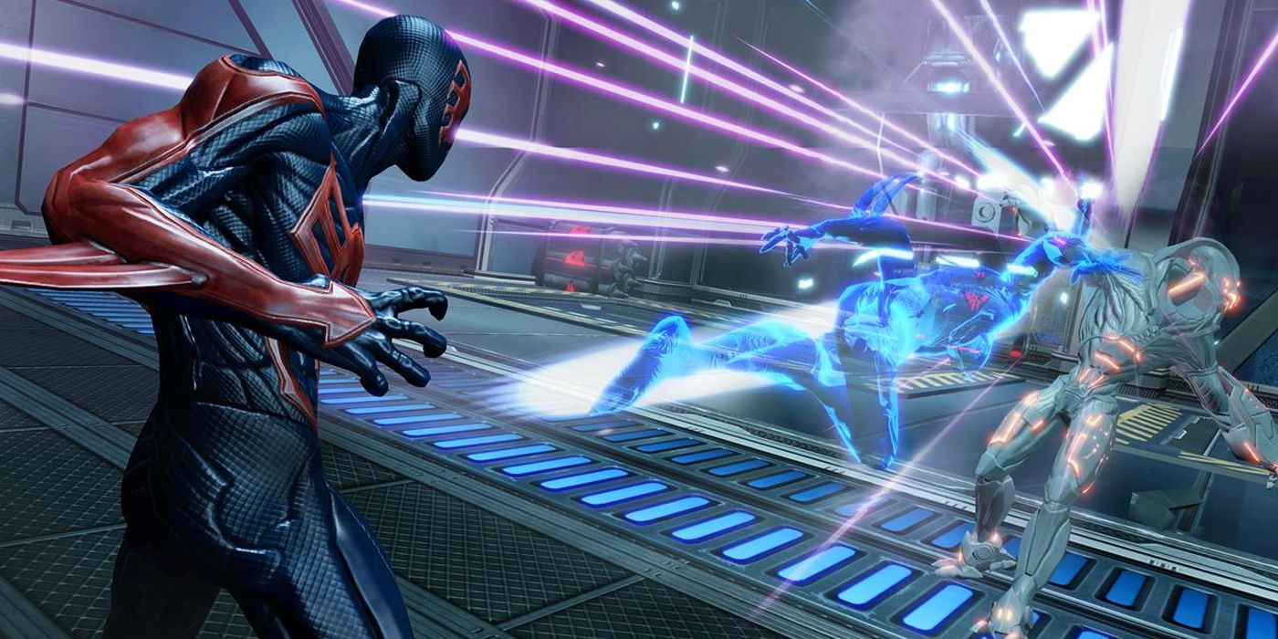 Spider-Man 2099 creating a speed decoy from the Spider-Man Edge of Time game