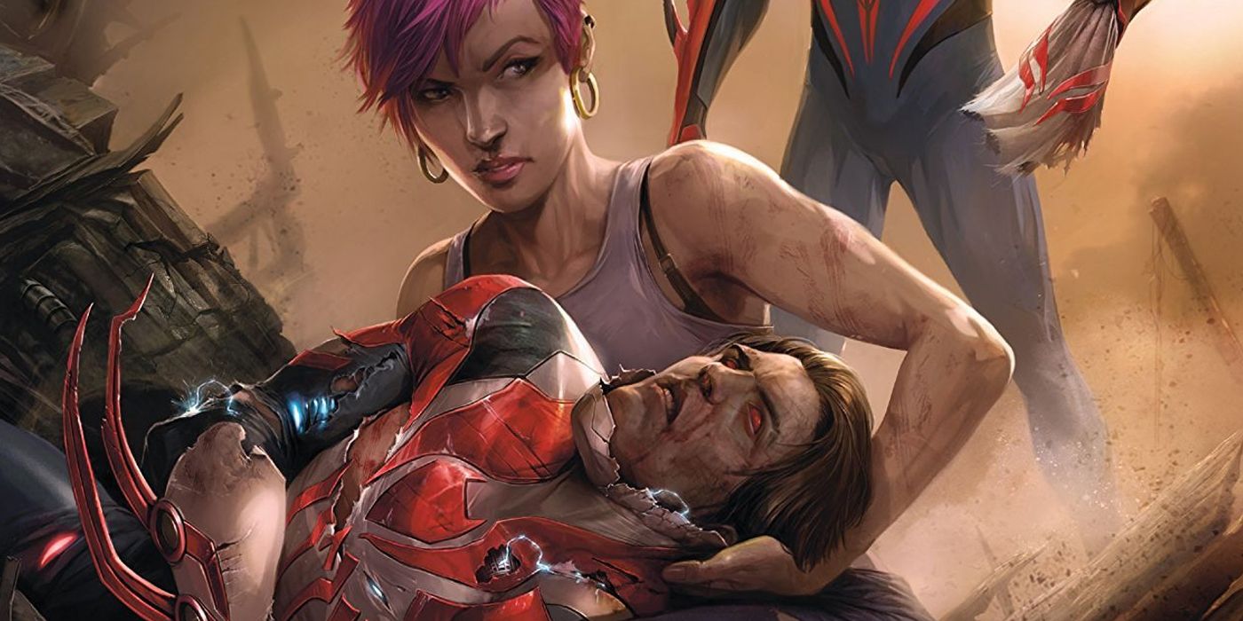 Spider-Man 2099 dies in Tempest Monroe's arms while thier son watches in the background from Marvel Comics
