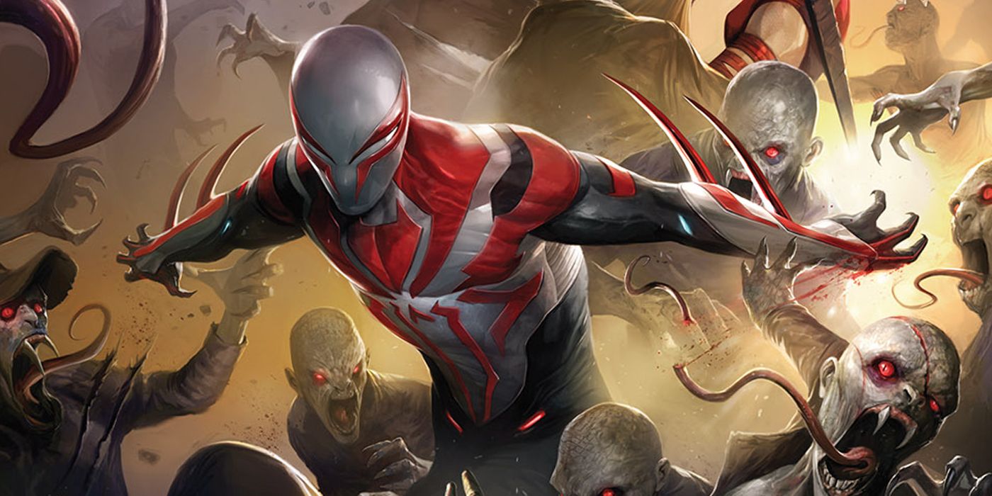 Spider-Man 2099 em seu novo traje lutando contra monstros da Marvel Comics