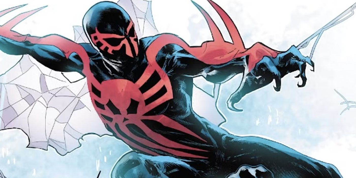 Spider-Man 2099 leaping into action.