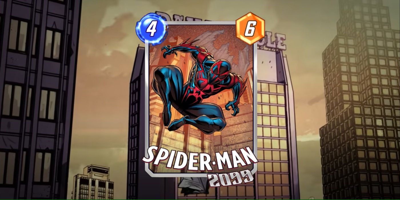 Cartão Marvel Snap de Miguel O'Hara Spider-Man 2099 contra a arte promocional do Daily Bugle