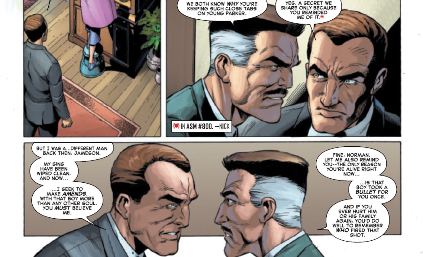 Norman Osborn e J.  jonah jameson discutindo sobre o bem-estar de peter parker e vagamente ameaçando um ao outro