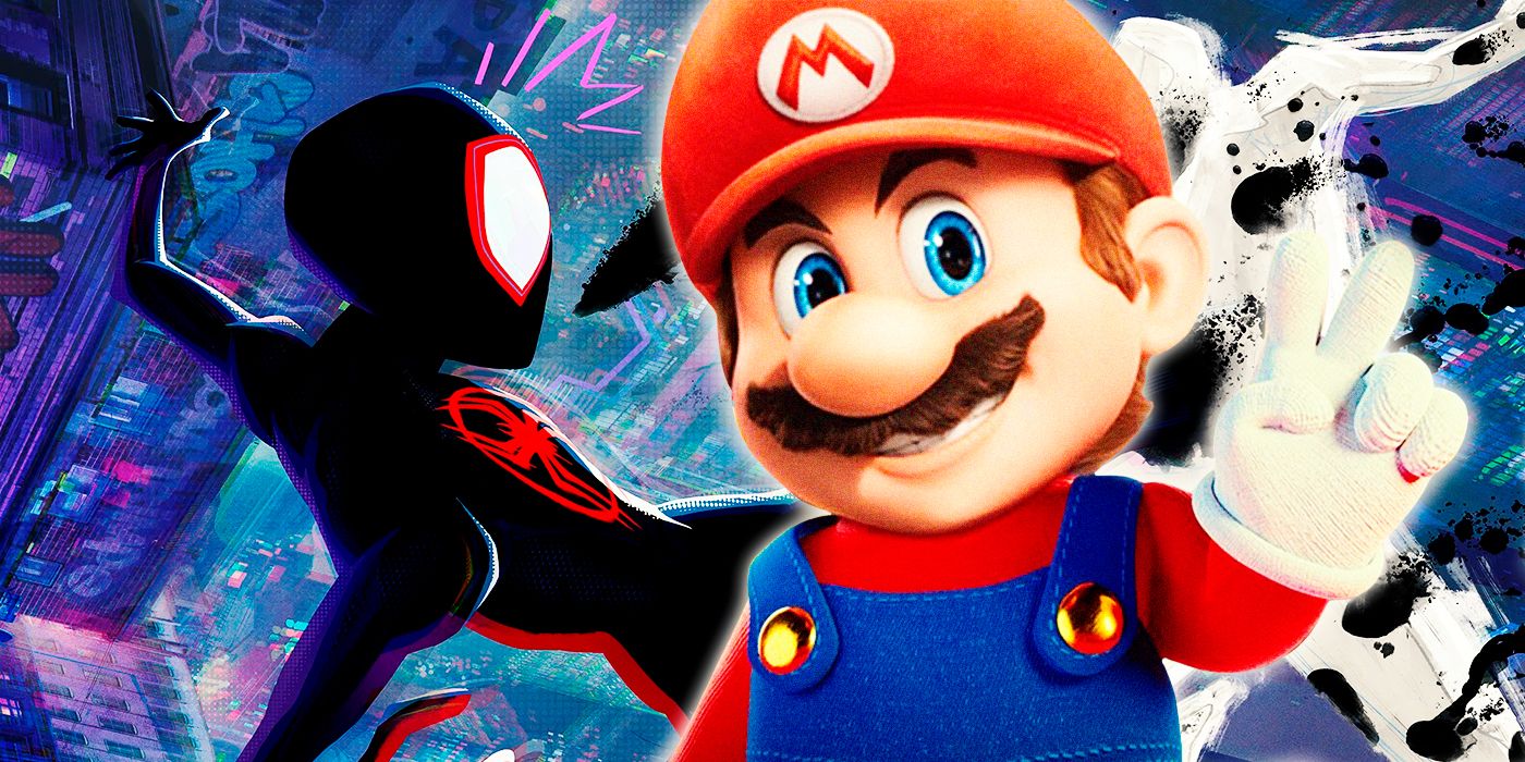 Mario giving peace sign over image of Miles Morales fighting the Spot