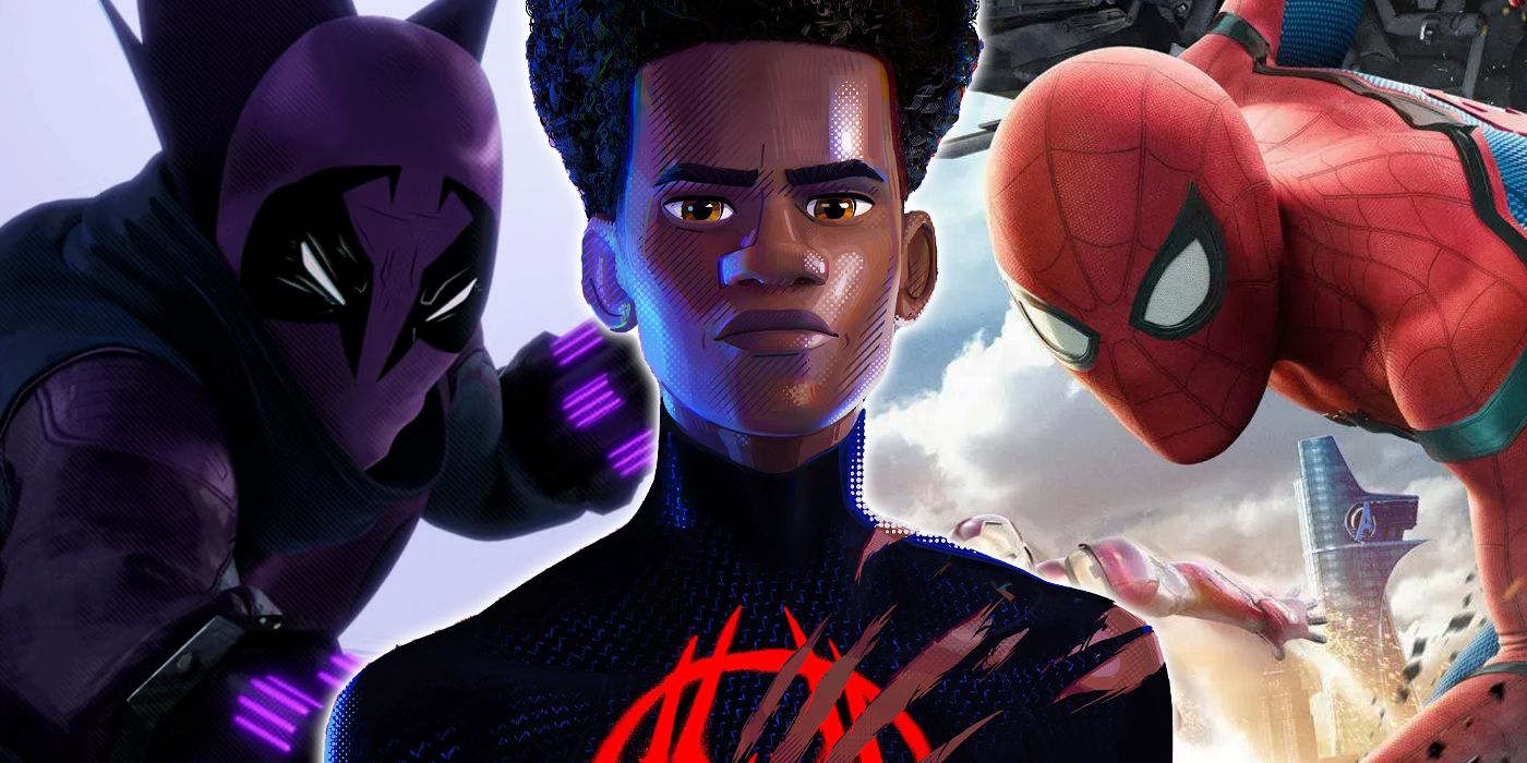 Miles Morales in between the Prowler and the MCU's Spider-Man played by Tom Holland.