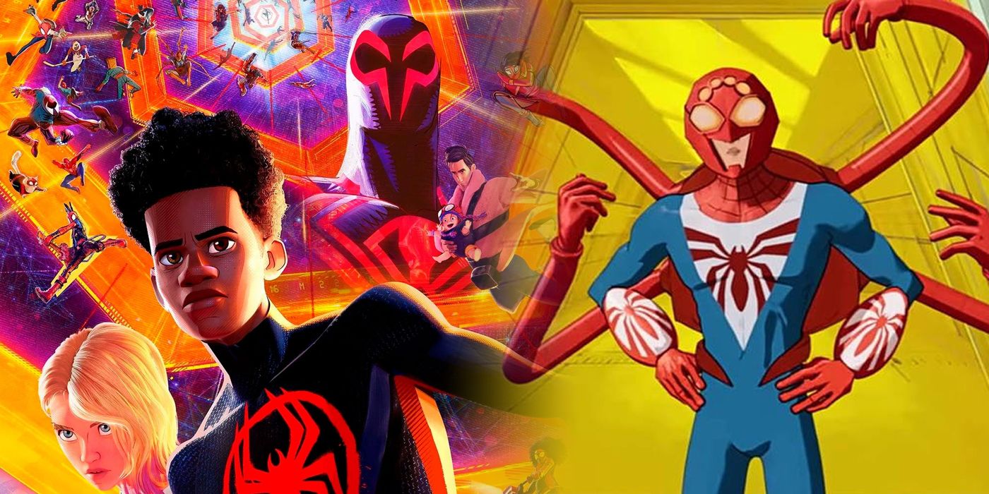 Split image of the Spider-Man Across The Spider-Verse poster with Spider-Man 2211 from the movie