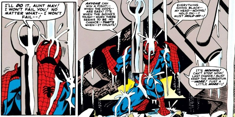 Spider-Man lifting rubble off of himself in Marvel Comics