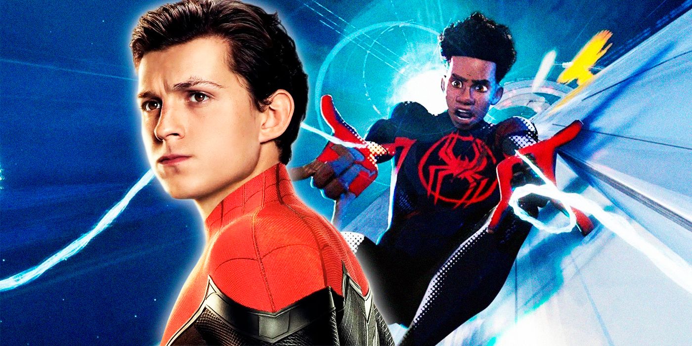 The MCU's Peter Parker in front of Miles Morales in action in Across the Spider-Verse.