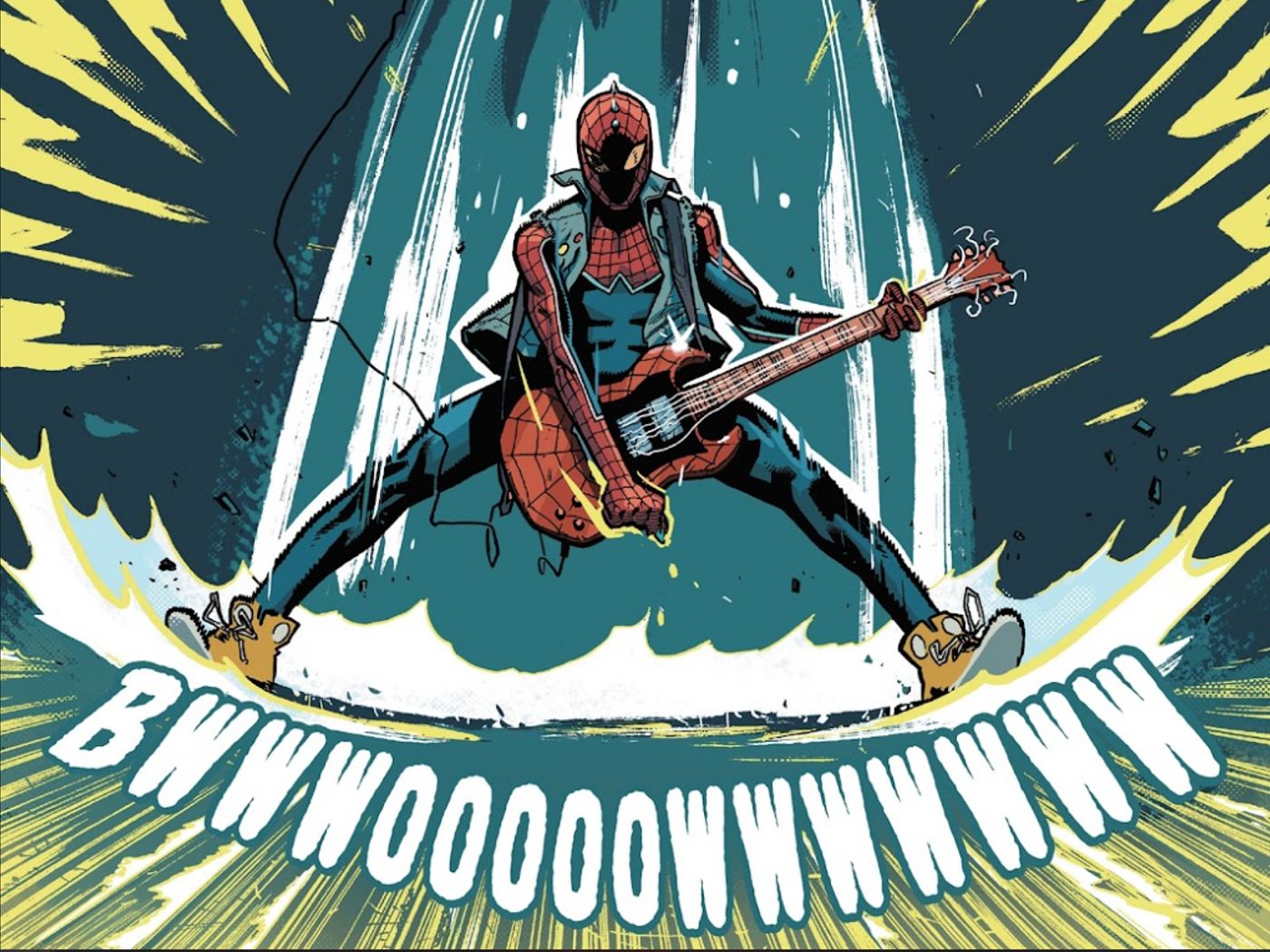 Spider-Punk unleashing a lethal blast from his guitar.