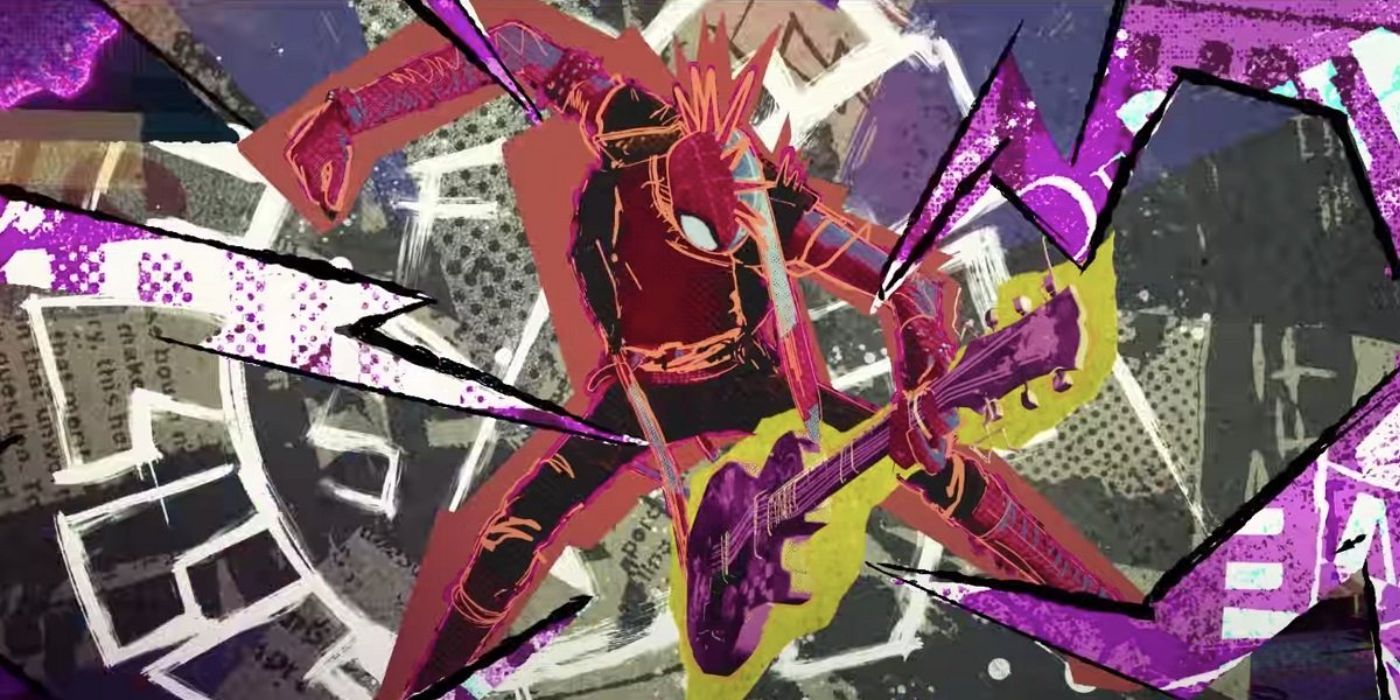 Spider-Punk playing the guitar in Across the Spider-Verse.