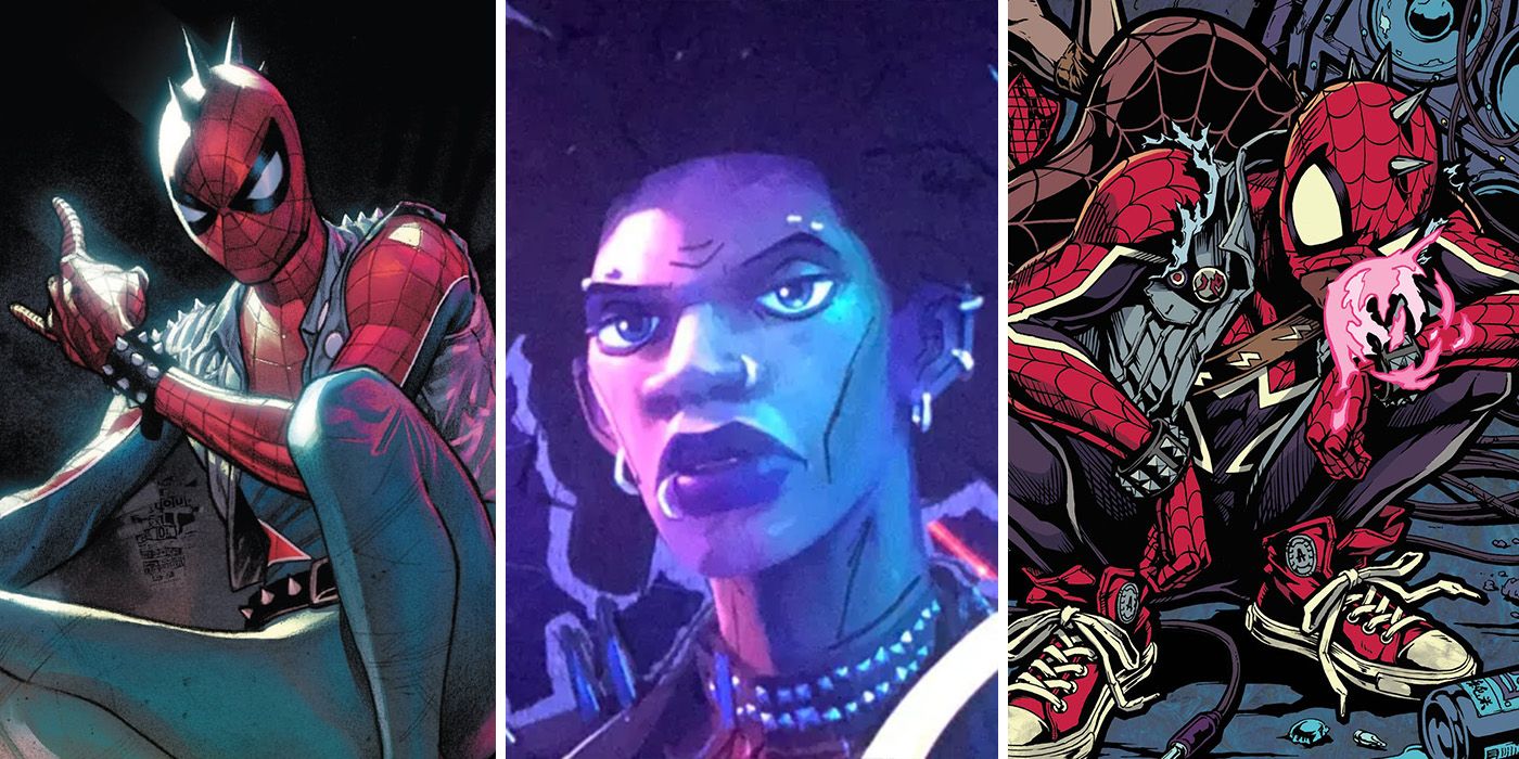 split image of Spider-Punk in Marvel Comics and Hobie Brown Spider-Man: Across the Spider-Verse