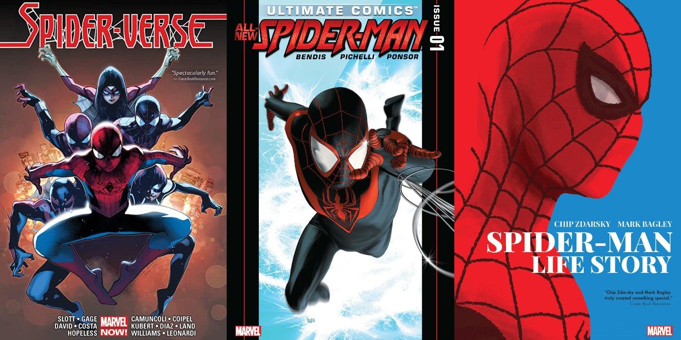 A split image of Spider-Veres, Ultimate Comics: Spider-Man, and Spider-Man Life Story covers