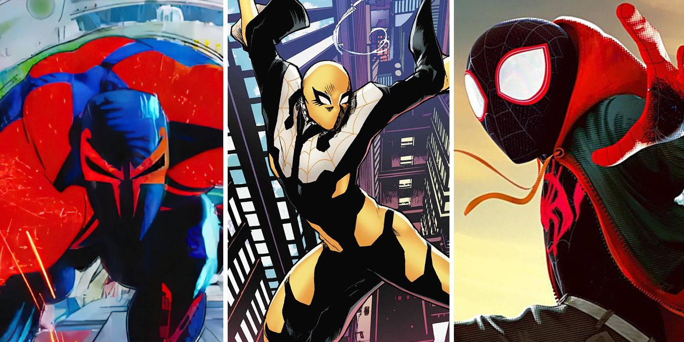 split image: Spider-Man 2099 in Across the Spider-Verse, Miles Morales in Into the Spider-Verse, and Web-Weaver