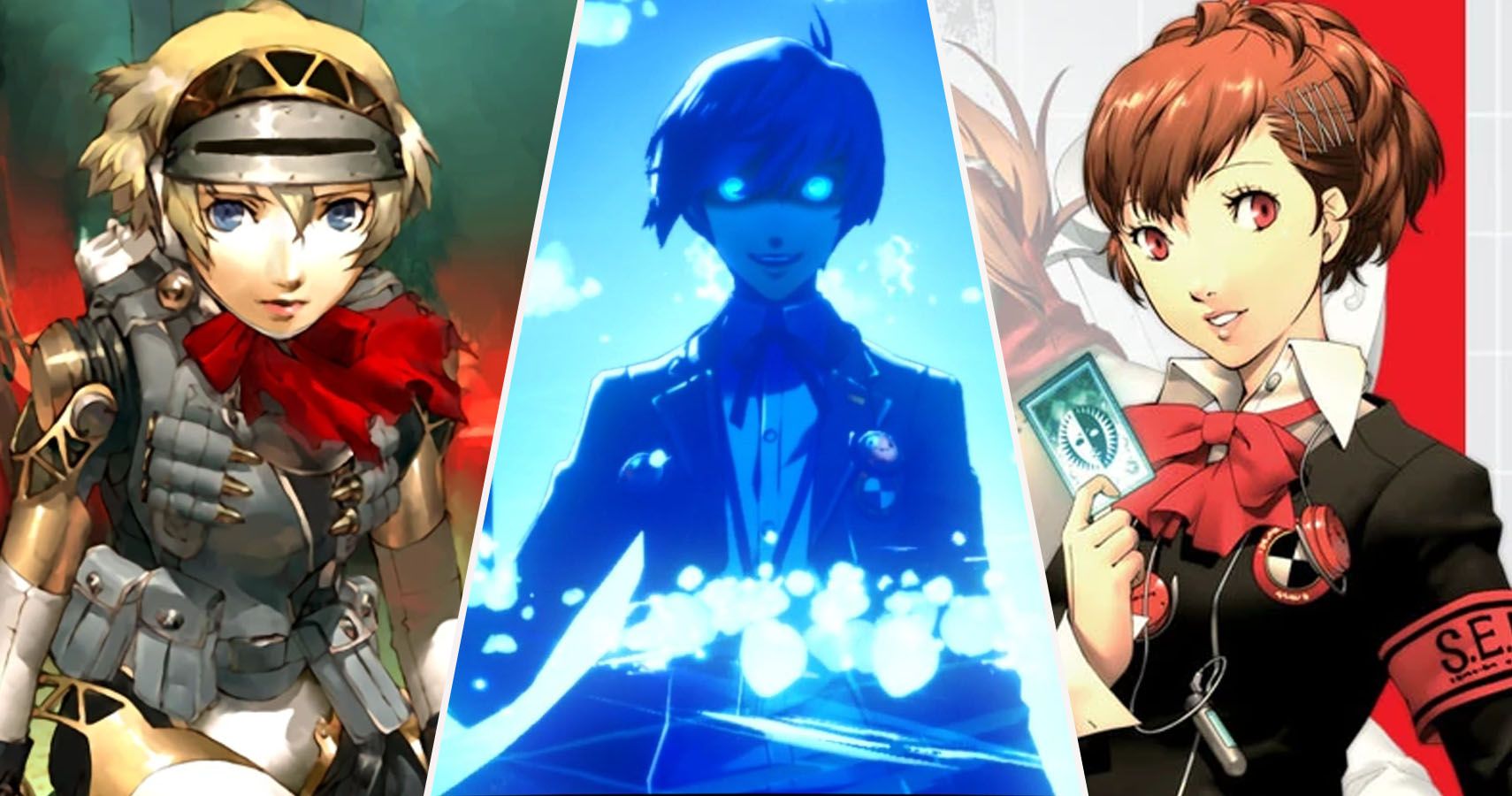 Split image of Aigis from Persona 3 FES, Protagonist from Persona 3 Reload, and FemC from P3Portable