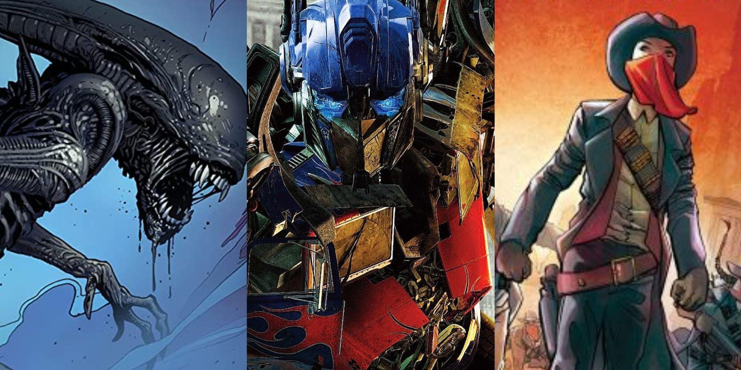 Split image of Alien, Optimus Prime from Transformers films and Big Thunder Mountain comic