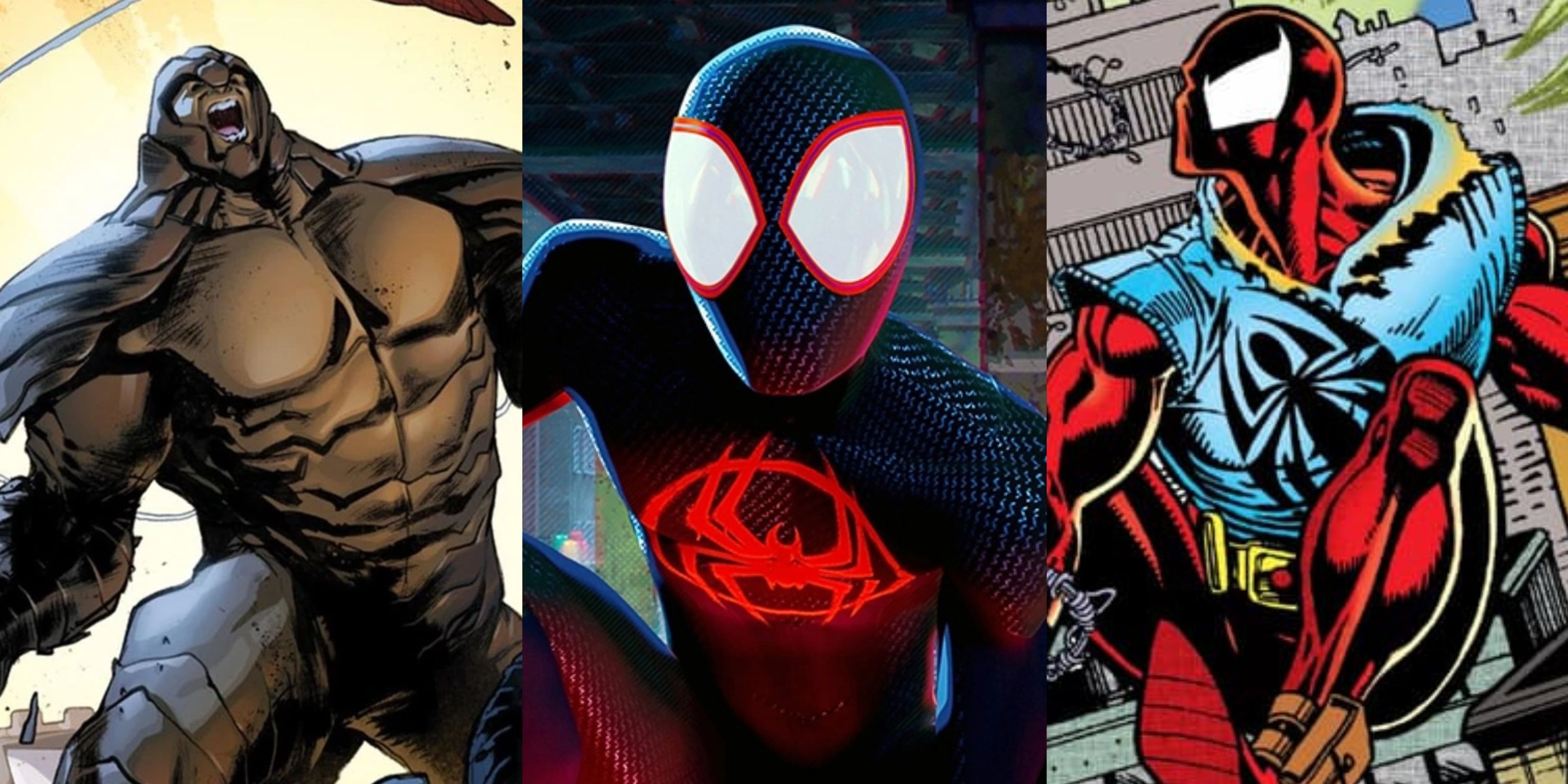 Split image of Armadillo, Miles Morales and Scarlet Spider in Across the Spider-Verse and Marvel comics