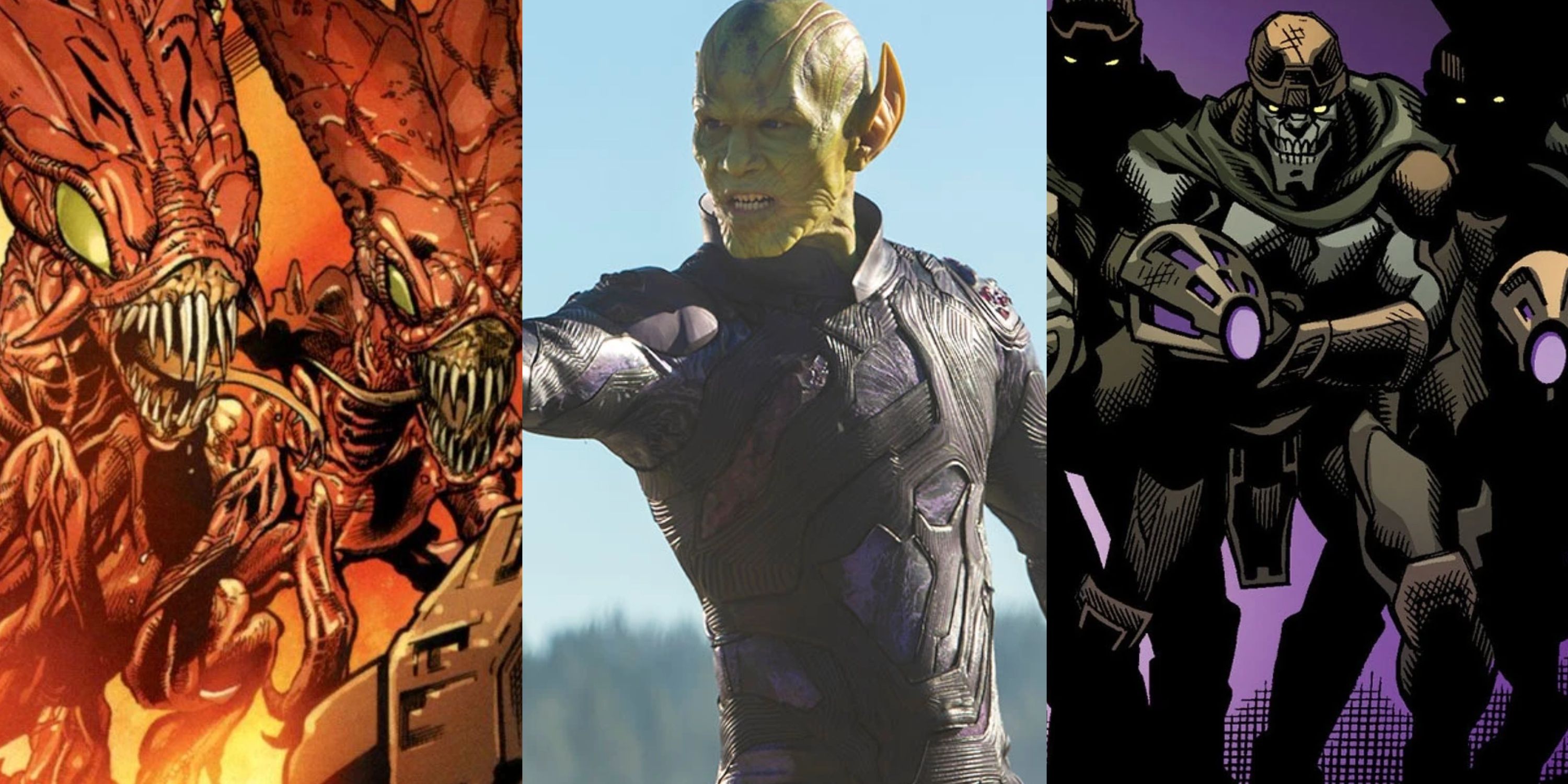 Split image: Brood and Chitauri in Marvel Comics and a Skrull in Captain Marvel movie