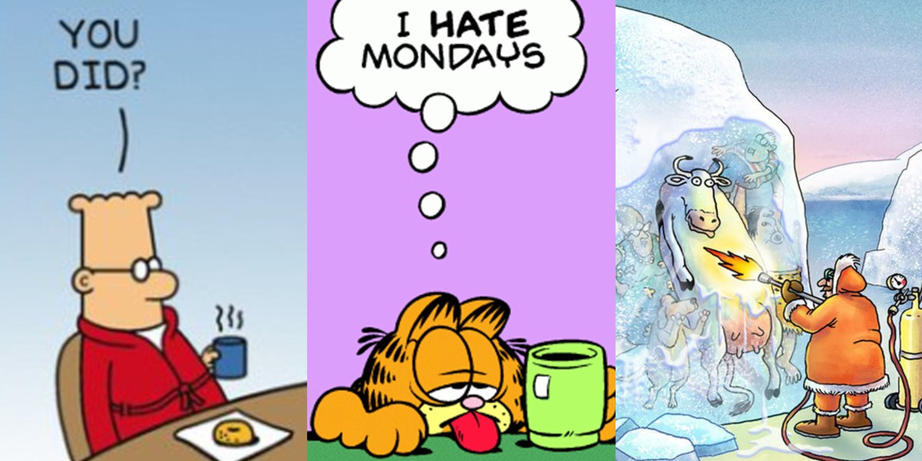 Split image of Dilbert, Garfield and The Far Side in newspaper comic strips