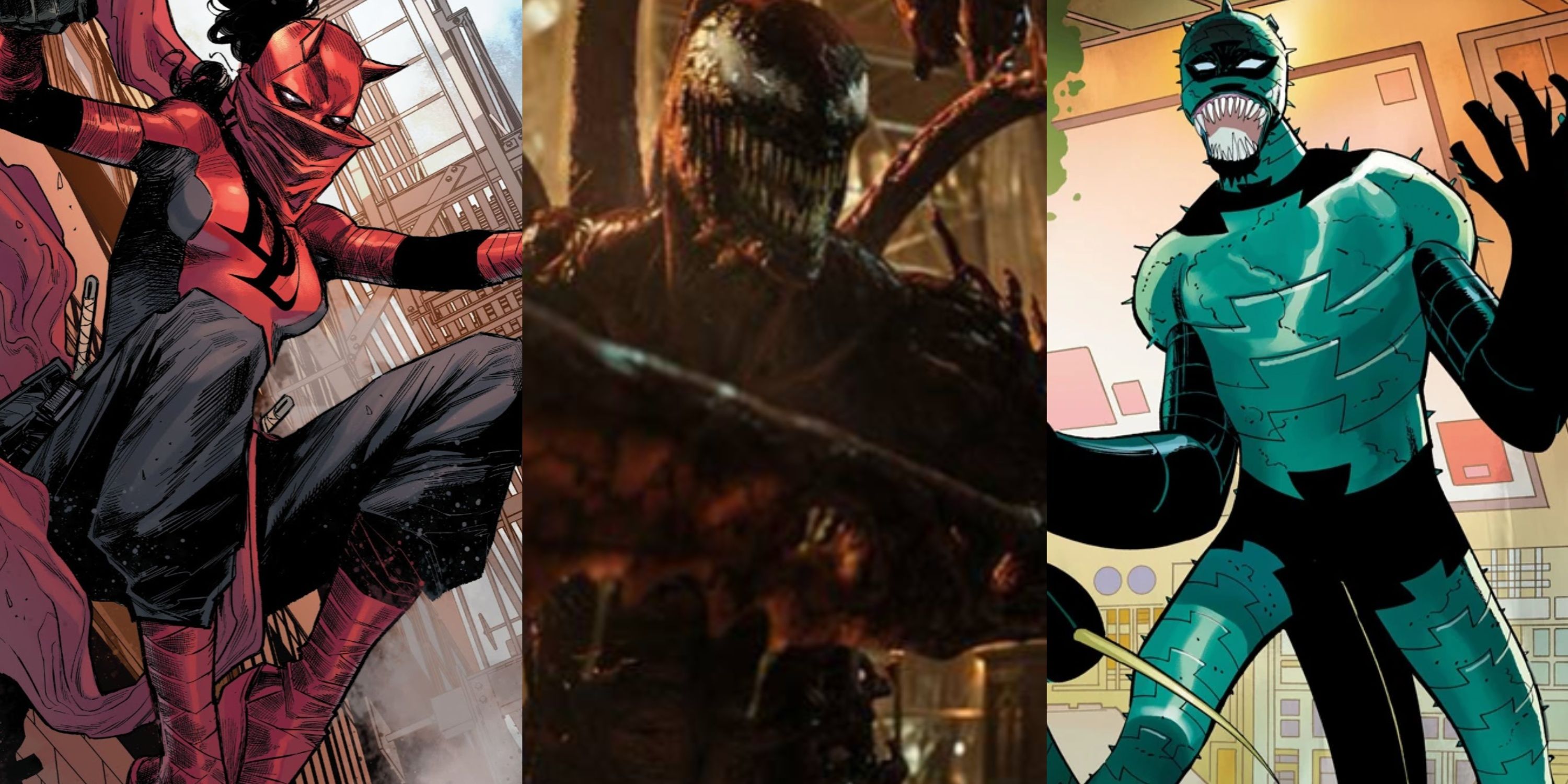 Split image of Elektra, Carnage from the Venom movie and Scorpion in Marvel Comics