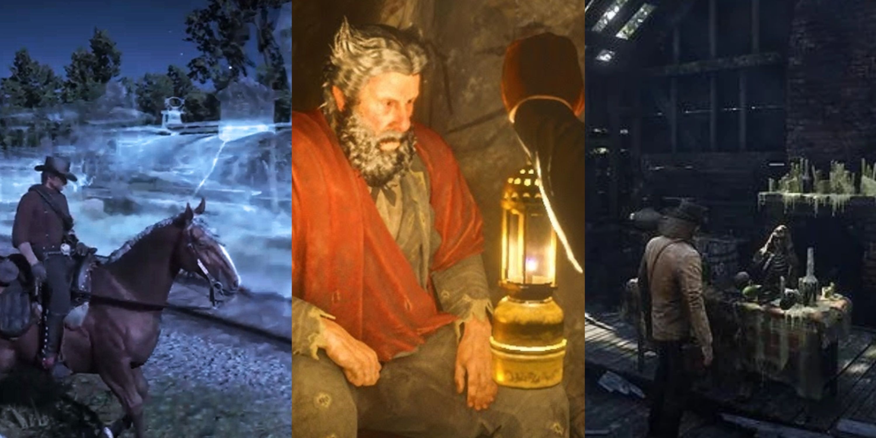 Split image of Ghost Train, Devil and dead cult in Red Dead Redemption 2
