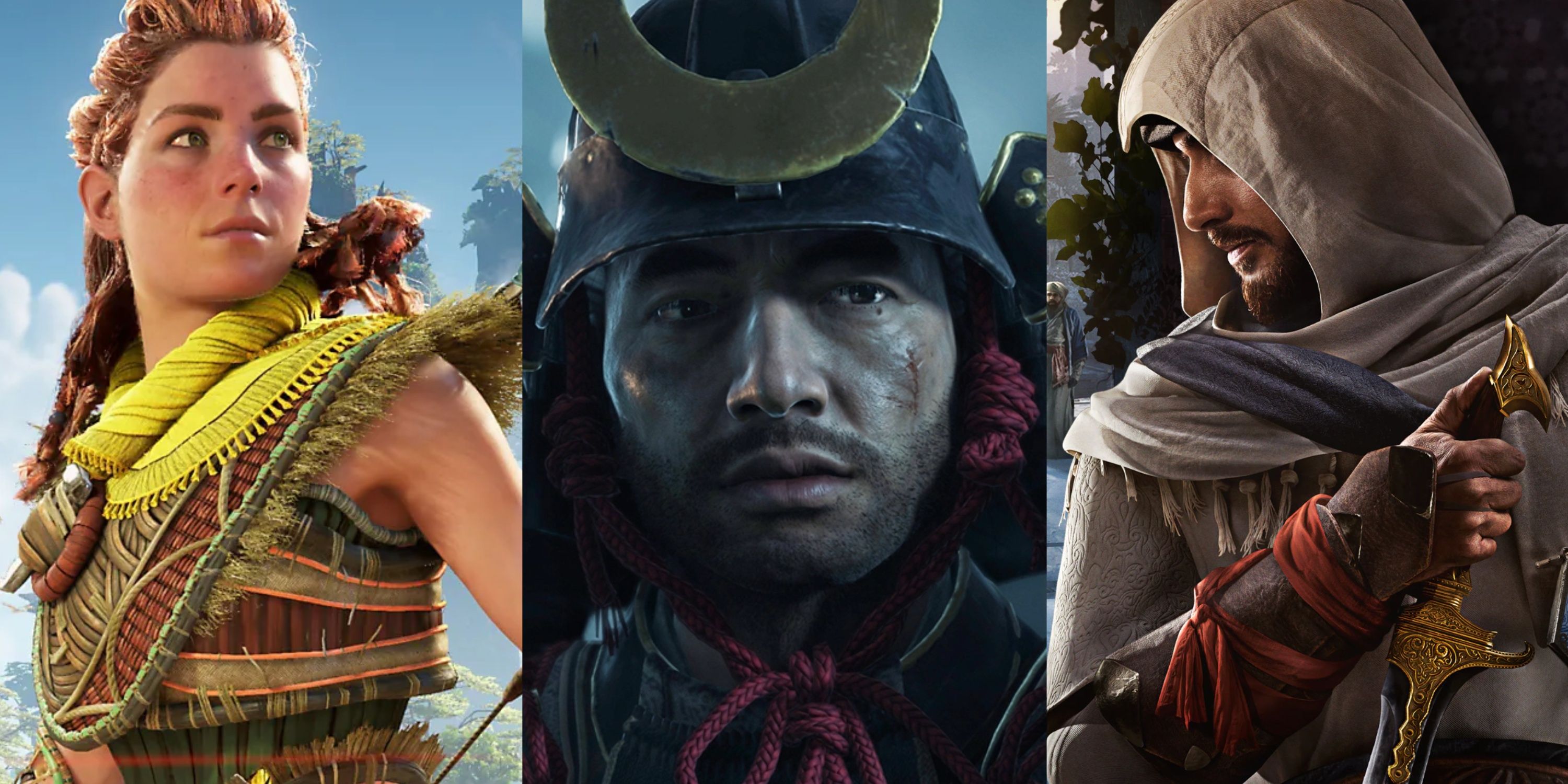 Split image of Horizon, Ghost of Tsushima and Assassin's Creed Mirage game feature