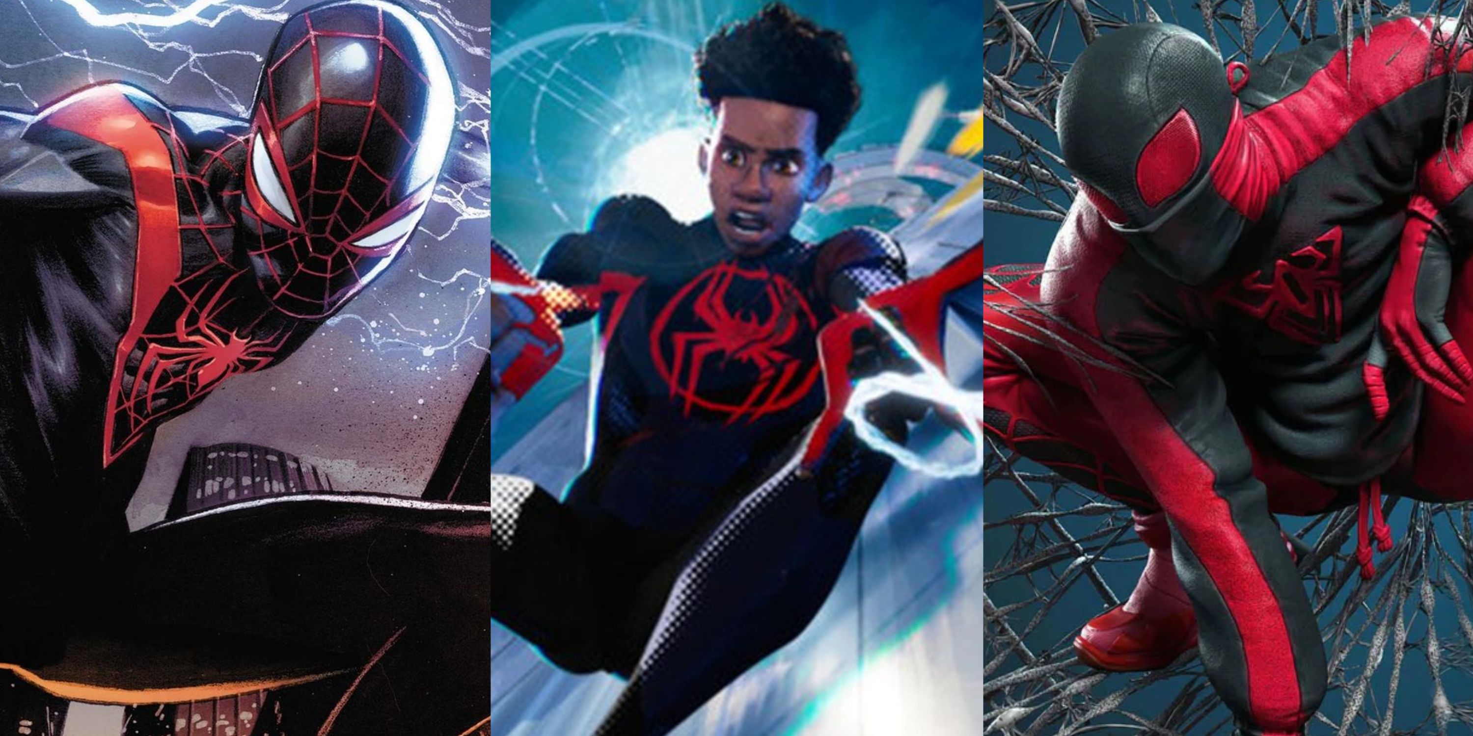 Split image of Miles Morales in the comics and Across the Spider-Verse