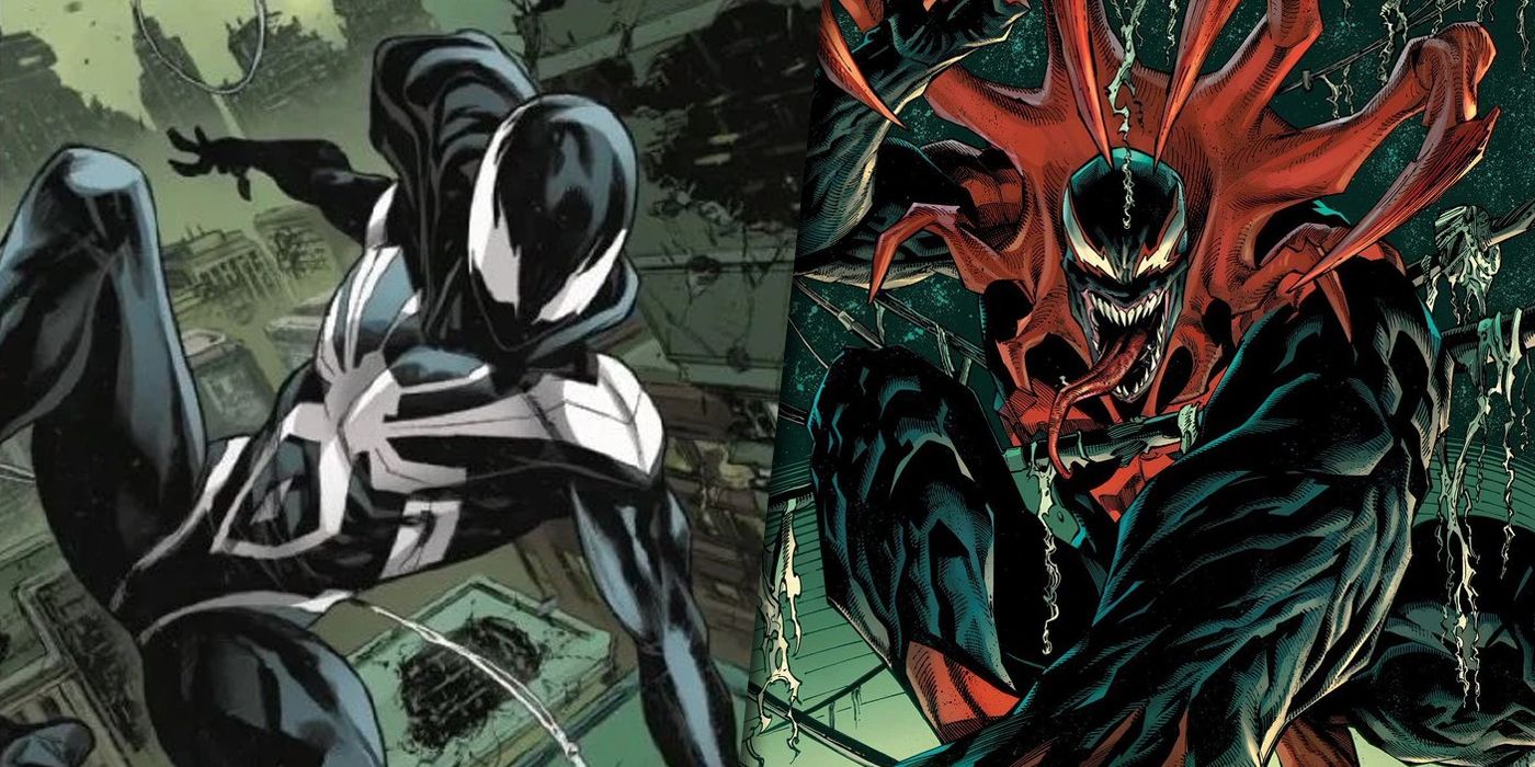 Split image of Miles Morales in the Venom symbiote and the merged symbiotes from the Dark Ages event