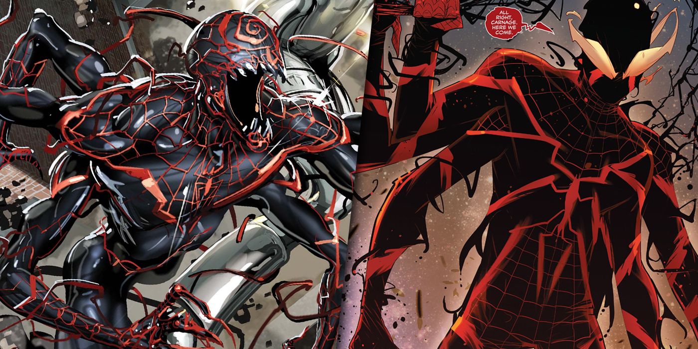 Split image of Miles Morales wearing symbiotes from the Absolute Carnage event