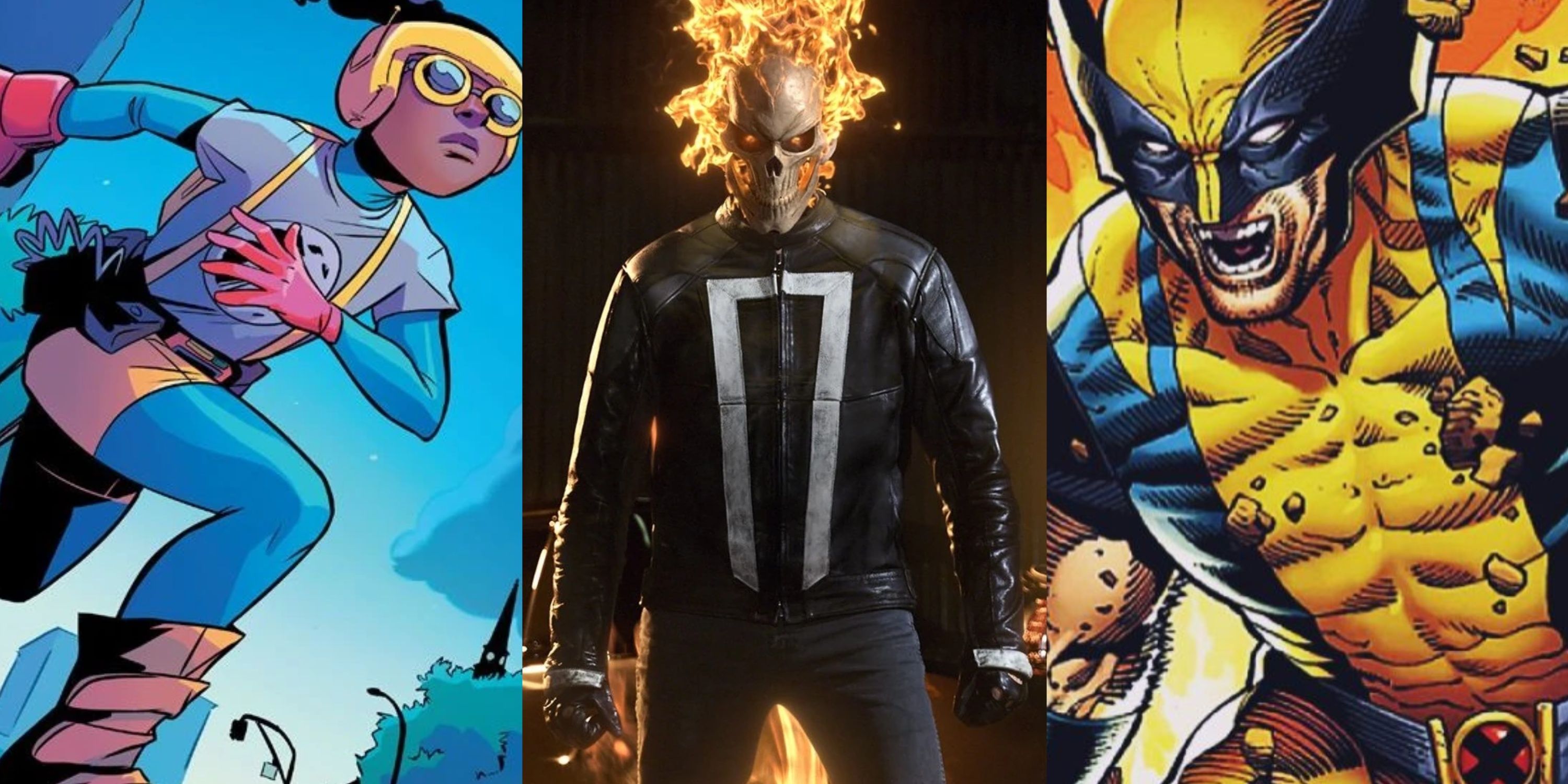 Split image of Moon Girl and Wolverine from Marvel Comics, Ghost Rider from Agents of SHIELD