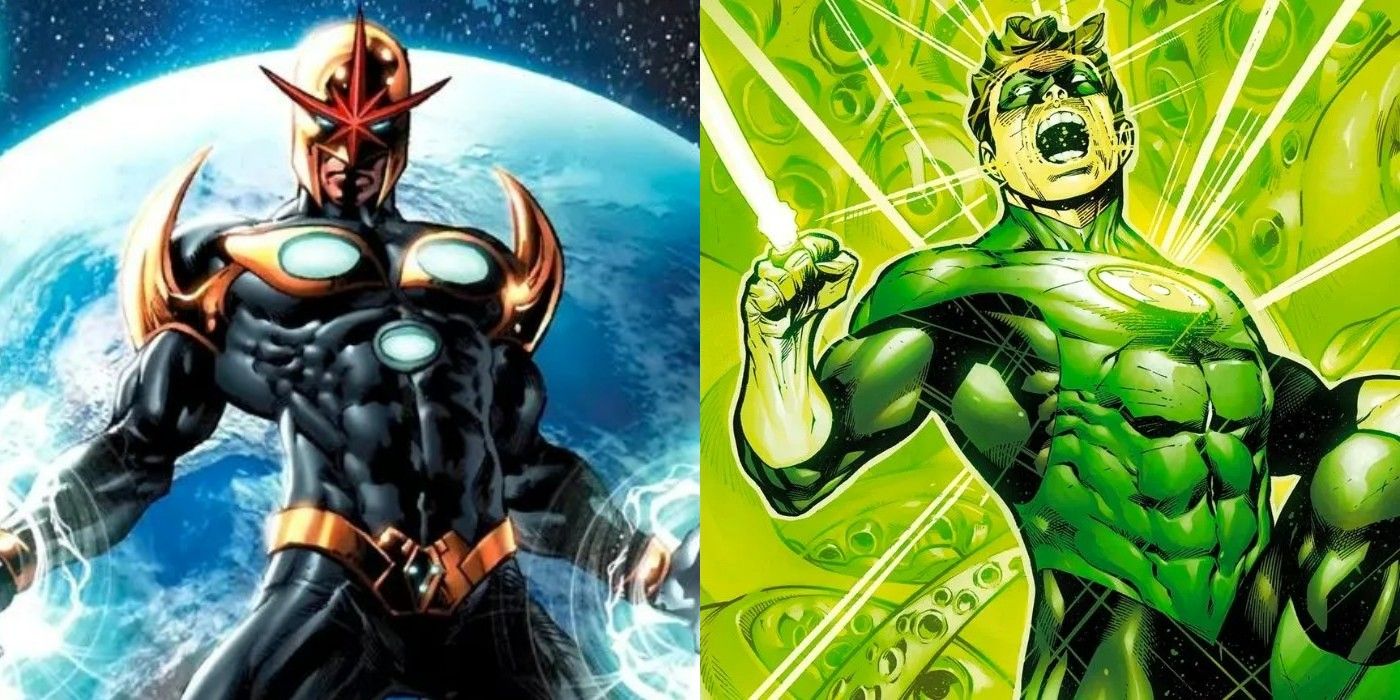 Split image of Nova (Richard Rider) from Marvel Comics and Green Lantern (Hal Jordan) from DC Comics