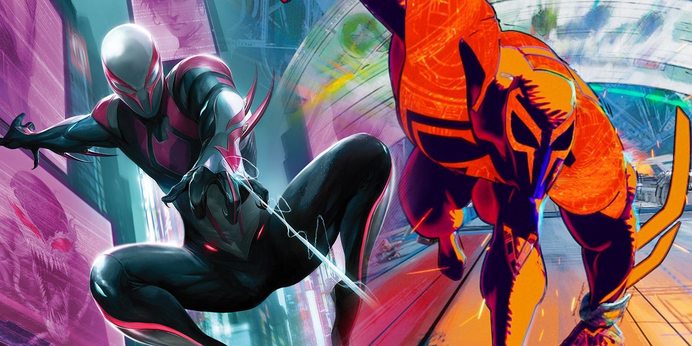 Split image of Spider-Man 2099's white costume and Across the Spider-Verse costume