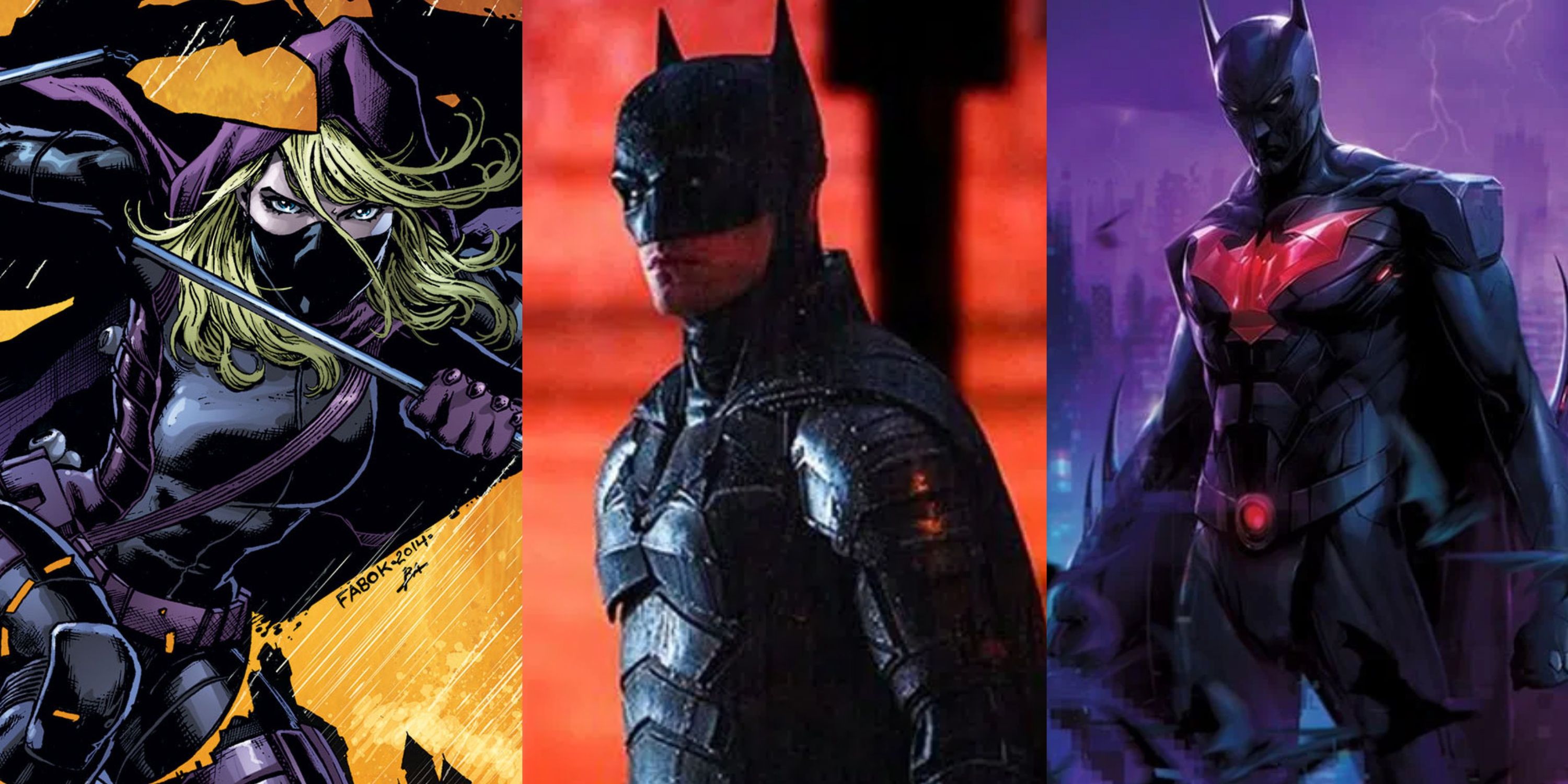 Split image of Spoiler, and Batman Beyond from DC Comics and Robert Pattinson's The Batman