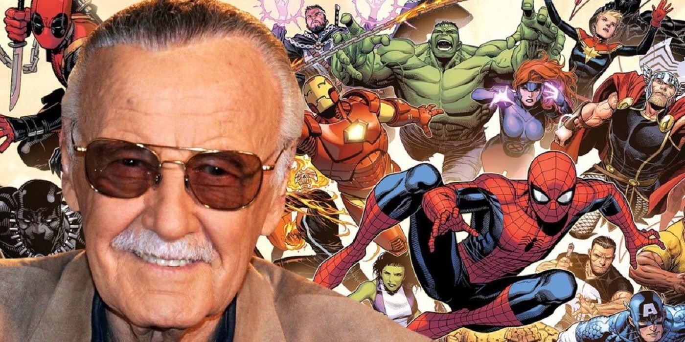 Stan Lee with some Marvel superheroes.