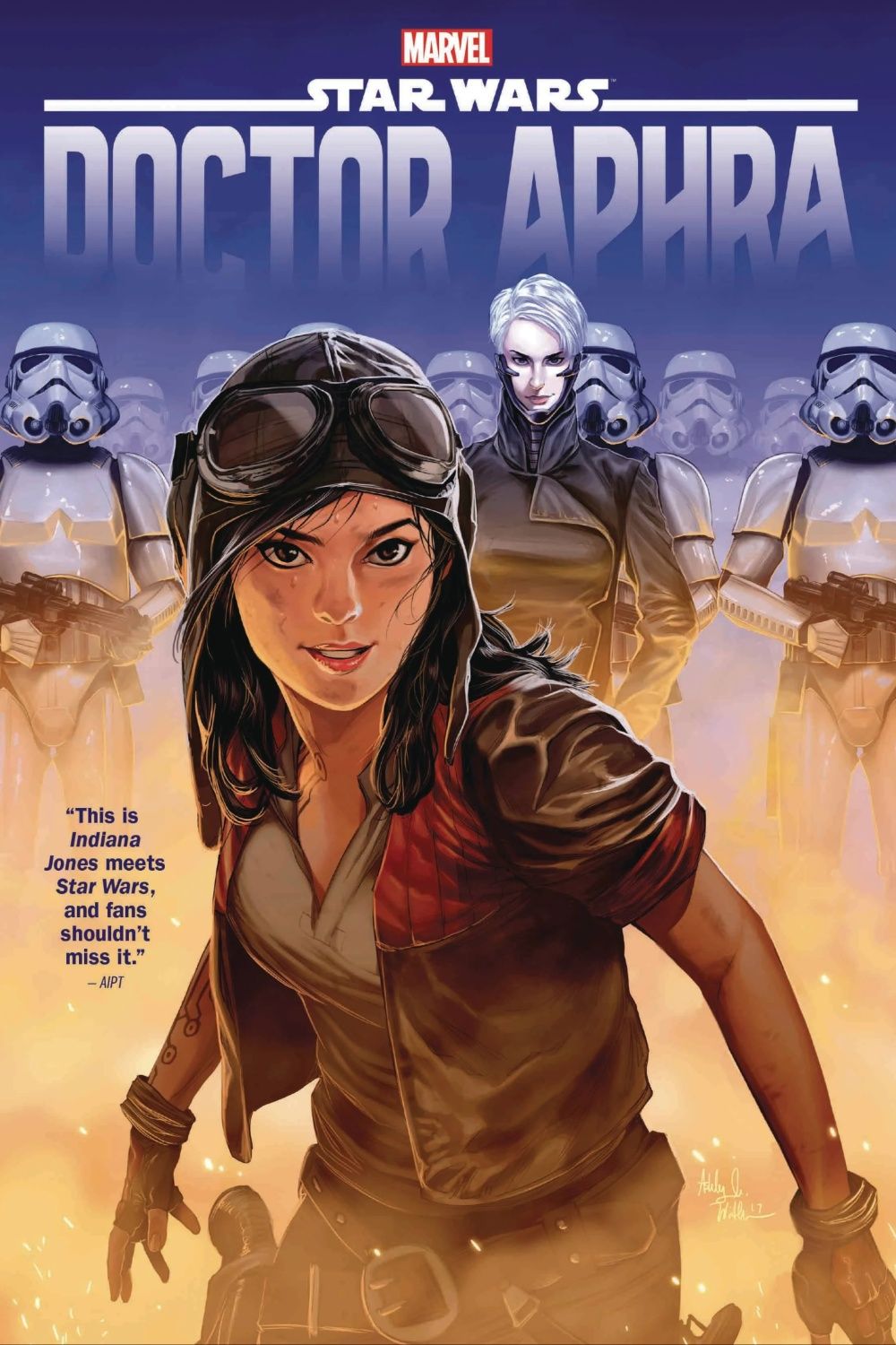 Doutora Aphra na capa de seu ônibus com Magna Tolvan e Stormtroopers ao fundo.