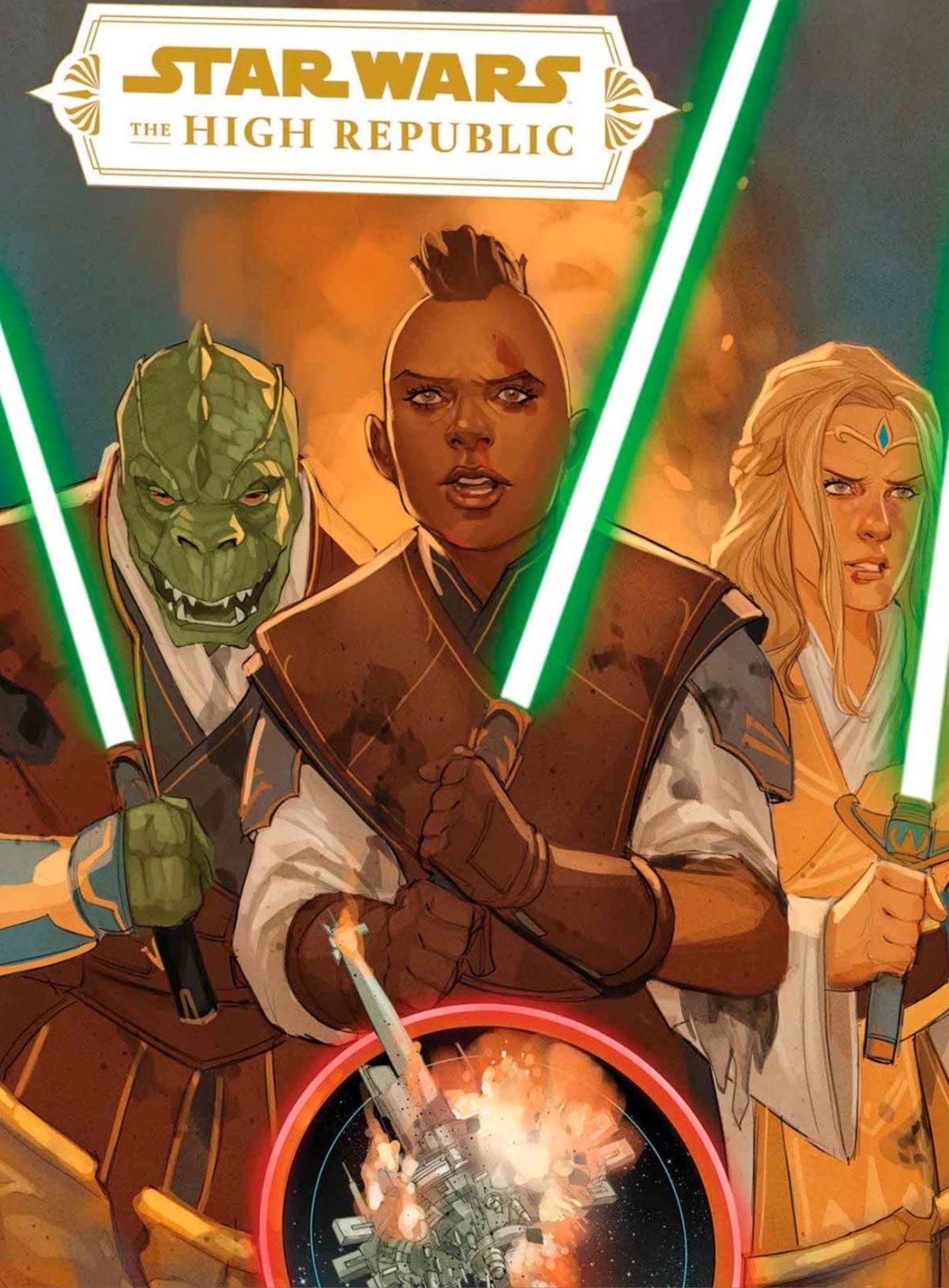 A arte da capa de Star Wars: The High Republic Fase I apresenta Sskeer, Keeve e Avar.