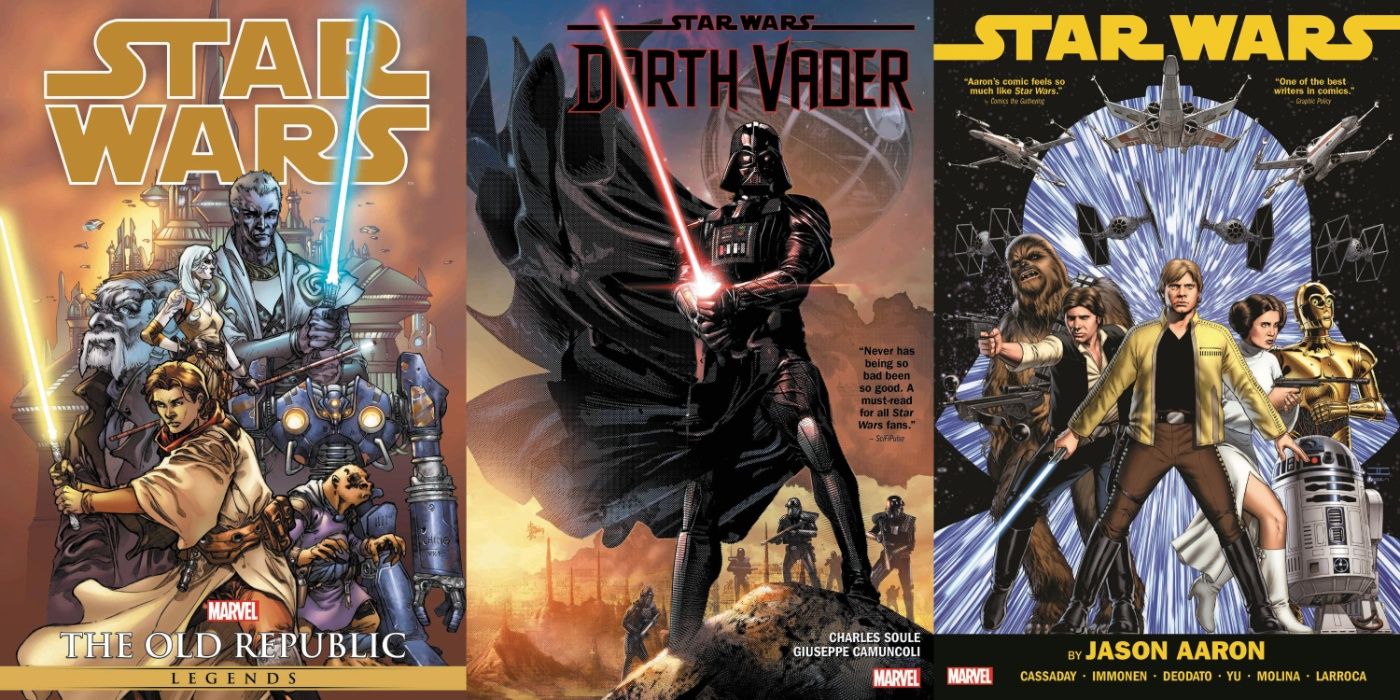 Split image of The Old Republic, Darth Vader, and Star Wars omnibus cover art.