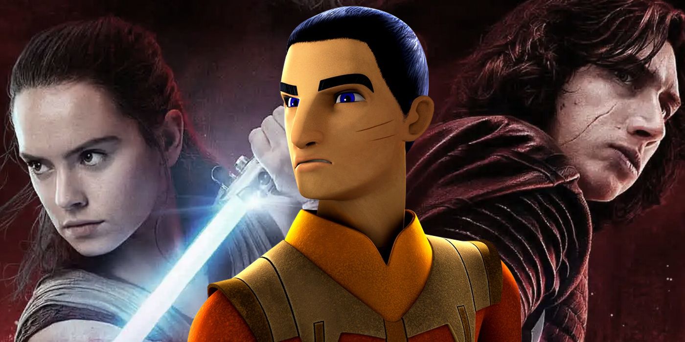 Ezra Bridger from Star Wars Rebels in front of an image of Rey and Kylo Ren from the sequel trilogy.